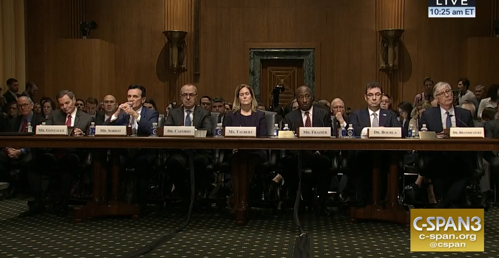 Screenshot from C-SPAN3 of a U.S. Senate Finance Committee hearing that featured CEO's from the biggest manufacturers in big pharma