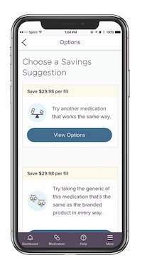 The Rx Savings Solutions mobile app displayed on a cellular phone
