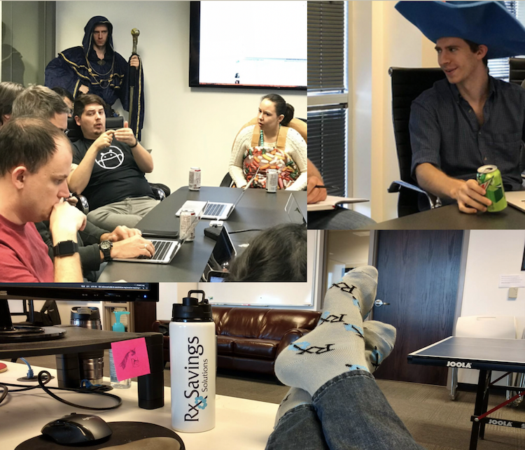 Photo collage featuring Thomas Ellsworth, Engineering Manager, wearing company socks and dressed up as a wizard for Halloween