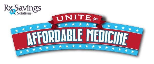 A red banner with blue outline and white stars that reads, "United for Affordable Medicine"